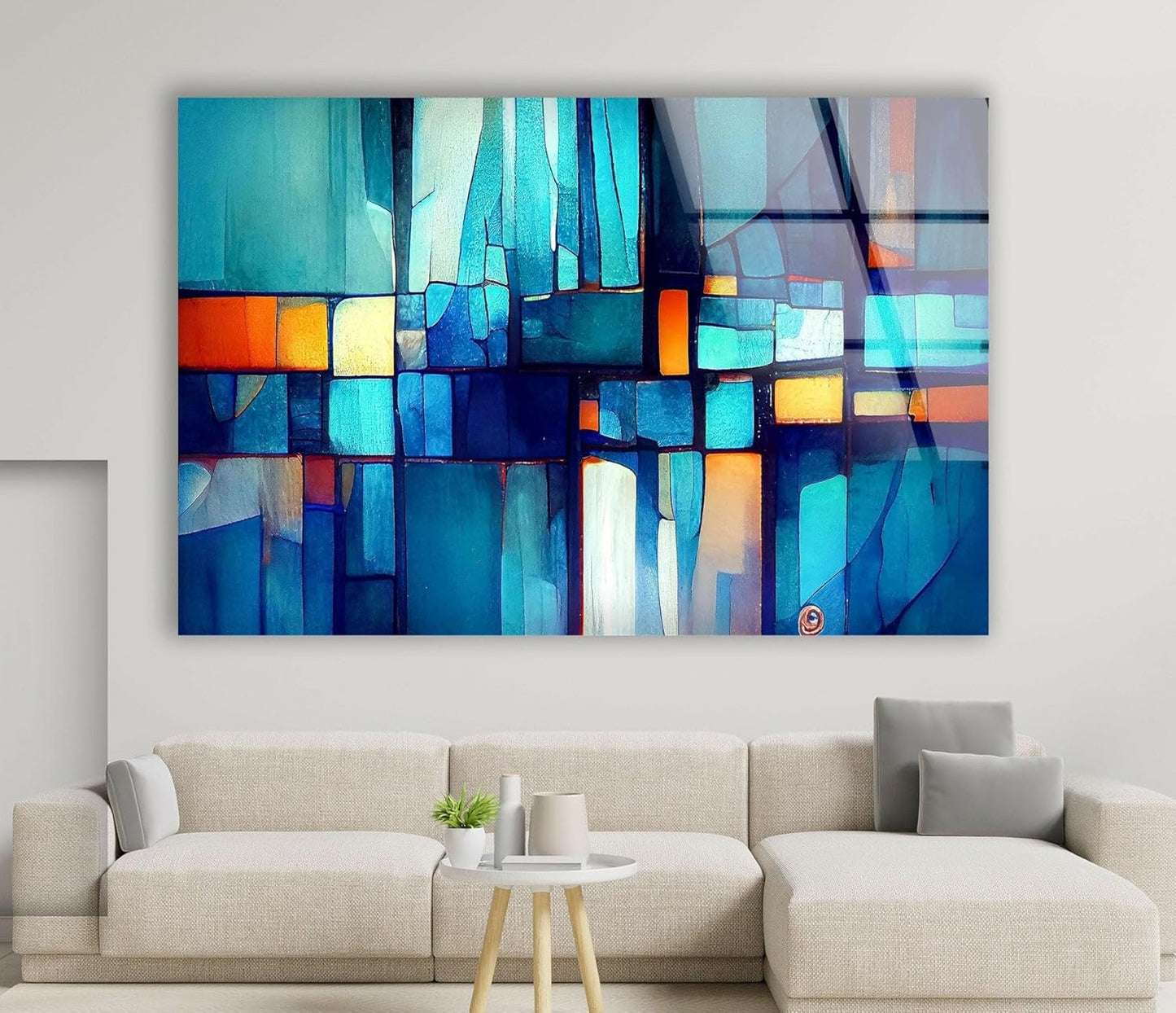 My Photostation.com 30Wx24H'' Blue Vibrant Stained Glass Wall ArtTempered Glass Printing Wall Decor Large Wall Art Wall Hangings