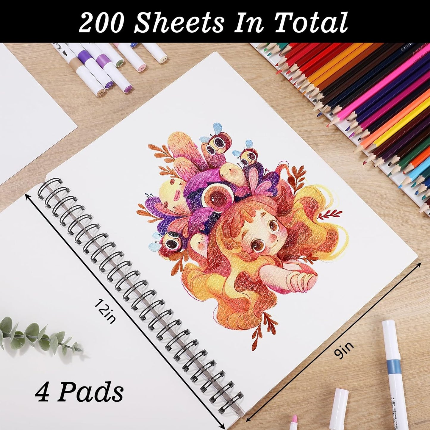 4 Pack Mixed Media Sketchbook, 9x12 inches Drawing Paper Sketch Book, 98lb/160gsm Heavyweight Spiral Bound Sketch Pads, Suitable for Wet and Dry Media, Drawing, Painting, Sketching(200 Sheets)