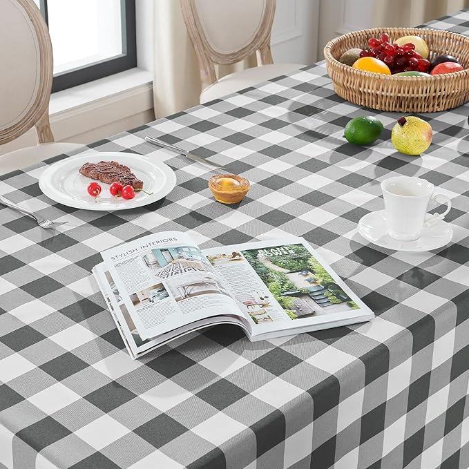 Softalker Gingham Checkered Tablecloth Rectangle - Outdoor Waterproof Buffalo Plaid Table Cloth, Stain Resistant Washable Table Cover for Picnic, Camping, Dining - Grey and White, 60 x 120 Inch
