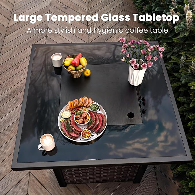 Propane Outdoor Fire Pit Table, 28" Rattan Square Fire Pit Table, Outdoor Gas FirePit W/Glass Wind Guard, Tempered Glass Tabletop, Lid, CSA Listed, 50,000 BTU, Outside Patio Deck & Garden, Brown