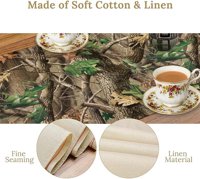 Forest Camouflage Table Runner, Camo Conifer Oak Branches Mossy Hunting Lodge Camp Cabin Table Runner for Kitchen Dining Room Party Camping 13x70in