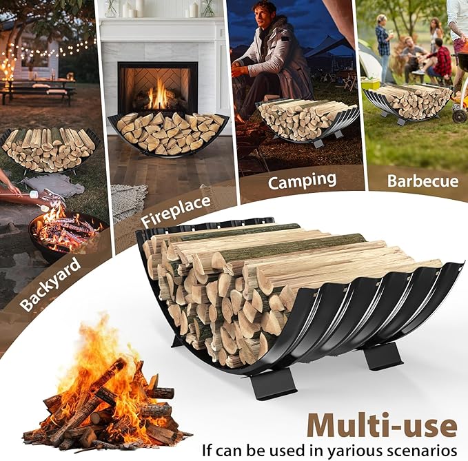 32 inch Diameter Sector Firewood Rack Storage -0.8MM Thick Galvanized Steel with Wave Pattern & 4 Stable Feet, Black Coated for Indoor/Outdoor Wood Storage (2.7FT Diameter)
