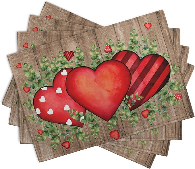 Valentines Day Wooden Plank Placemats Set of 4, 12x18 Inch Valentine Eucalyptus Leaves Heart Dining Table Placemats Wedding Washable Heat Resistance Place Mats for Party Kitchen Dining Decor
