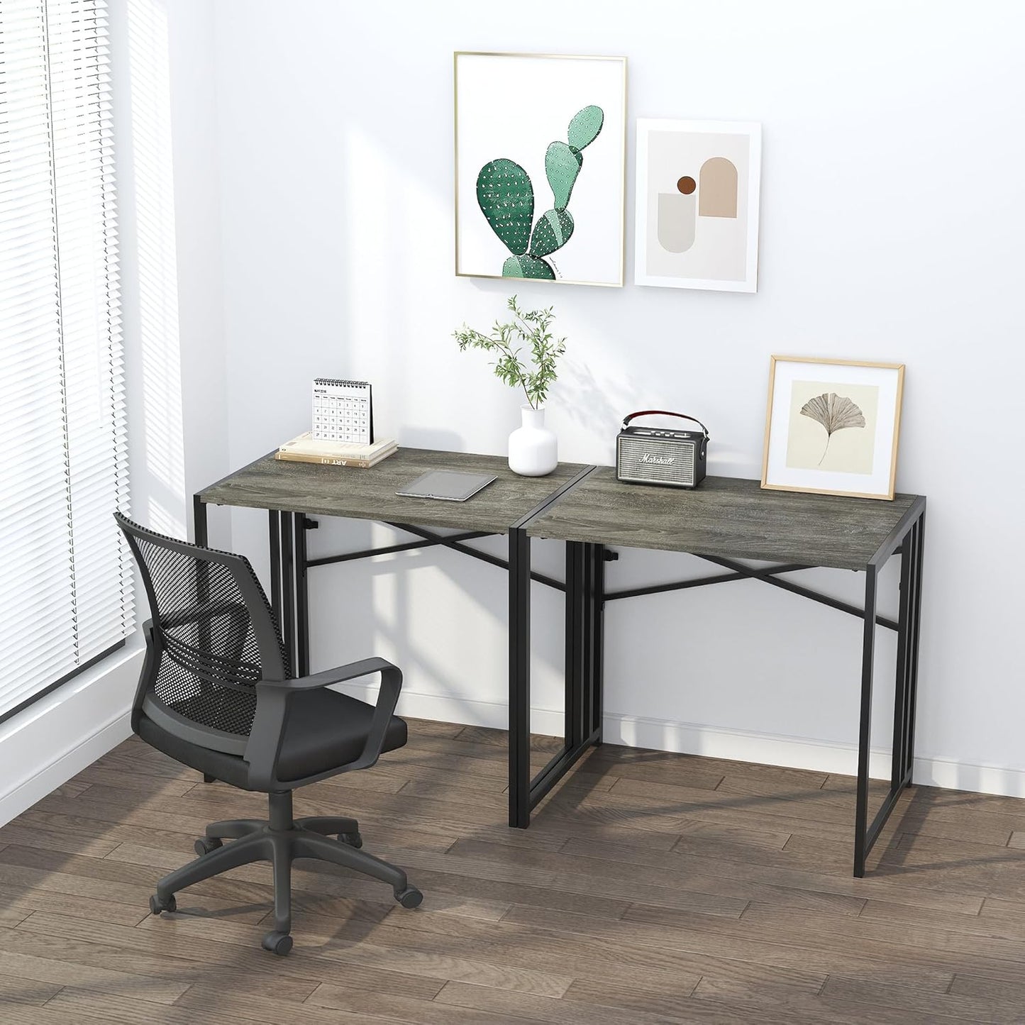 32 inch Small Folding Desk, Writing Gaming Computer Camping Desk for Small Spaces, No Assembly Required Home Office Desk, Black Oak