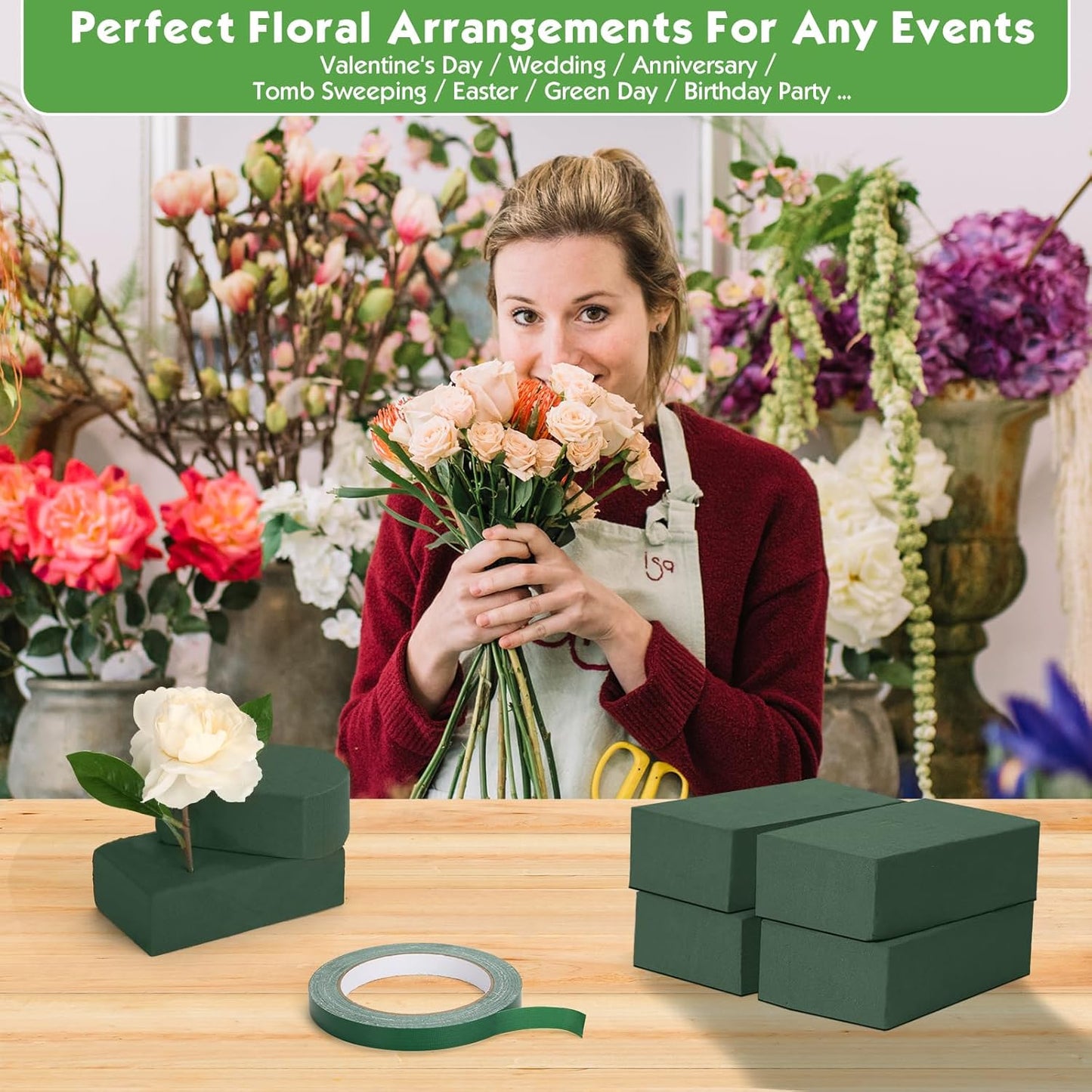 MAPVOLUT Premium Floral Foam Blocks (4 Pack 5.5"x3.1"x1.7") & Waterproof Floral Tape (65ft) - Fast Soak Oasis Foam for Fresh & Fake Flowers, DIY Wedding Centerpieces, Bouquets, Home Decor Crafts