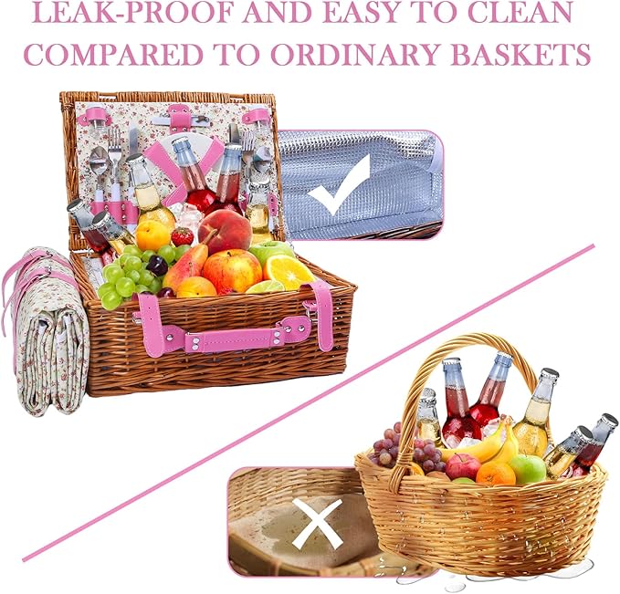 Neti Neti Wicker Picnic Basket for 4 with Insulated Cooler & Waterproof Blanket – Large Willow Picnic Hamper for Outdoor, Camping, Beach, Romantic Dates, Valentine’s Day