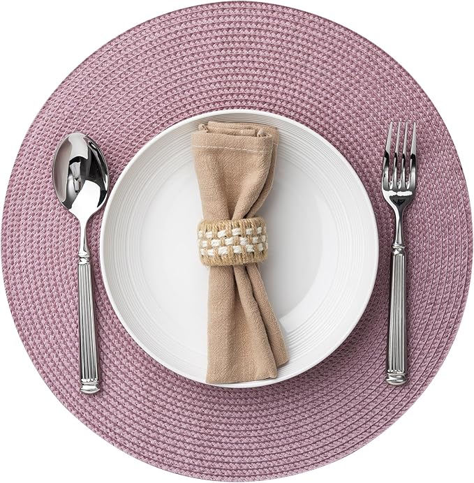 Round Placemats Set of 4 Plastic Woven Placemats Washable Wipeable Table Mats for Dining Table Heat Resistant Non-Slip Circle Place Mats (Lilac)