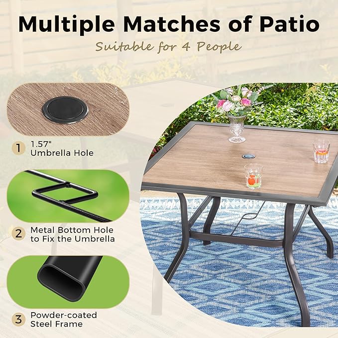 Outdoor Patio Square Dining Table, 37"x 37" Wood-Like Tabletop with Adjustable Umbrella Hole and Faux Wood Tabletop, All Weather Wrought Iron Black Outdoor Table for Deck Lawn Backyard