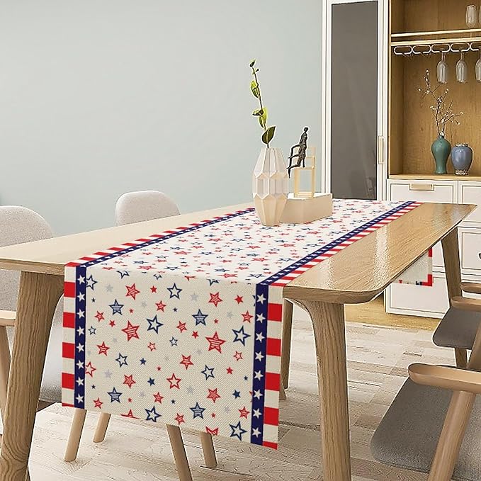 4th of July Table Runner, America Memorial Day Independence Day Stripe Stars Patriotic Table Runner for Home Kitchen Dining Indoor Holiday Farmhouse 13x36in
