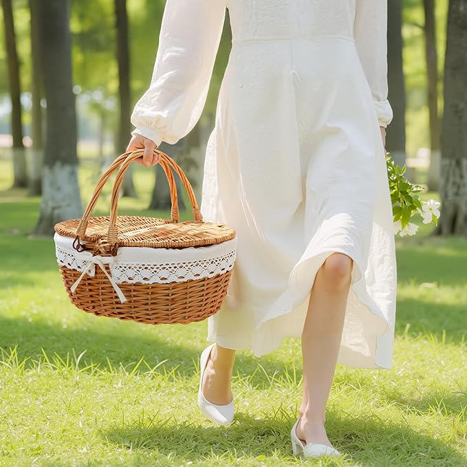 GRANNY SAYS Picnic Basket, Wicker Basket with Lid, Woven Cute Basket with Handle, Storage Basket with Washable Lining & Dual-Flid Lid, Natural Willow Picnic Hamper, White Lining