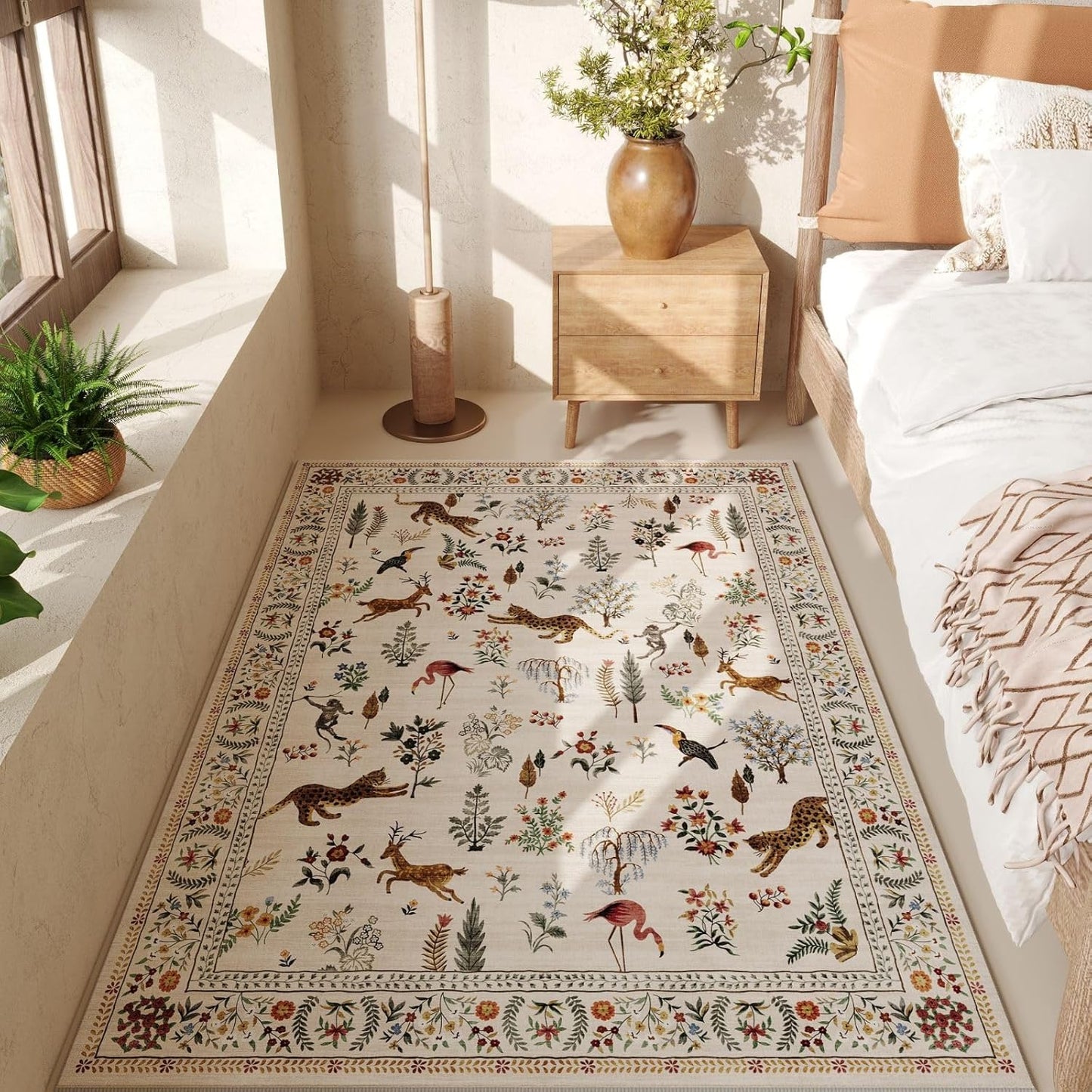 Rugcomf Area Rug 4x6 Rug Washable Boho Rugs Non Slip Low Pile Floral Animal Small Carpet for Bedroom, Bedside, Kids Room, Office, Dining Room (Beige)
