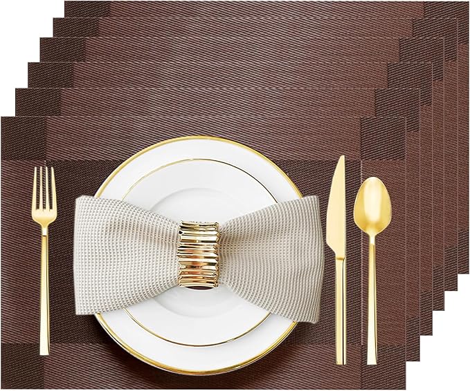 Placemats Set of 6 Washable&Wipeable Place mats for Dining Table Kitchen Indoor Outdoor Table Mats Heat Resistant Non Slip Woven Vinyl Table Placemats (Brown，6PCS)