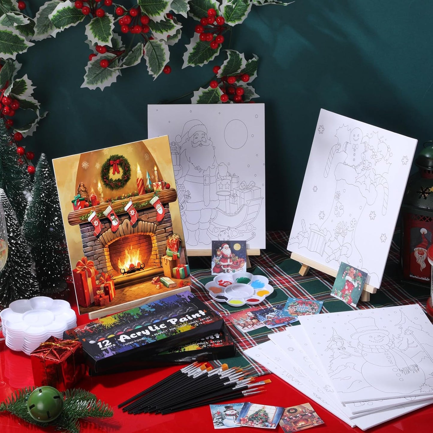 Cholemy 36 Pcs Paint and Sip Kit for Adults 8''x10'' Pre Drawn Canvas for Painting DIY Afro Acrylic Painting Kit Wood Easel Brushes Date Night Bulk for Christmas Party Gifts(Christmas A)