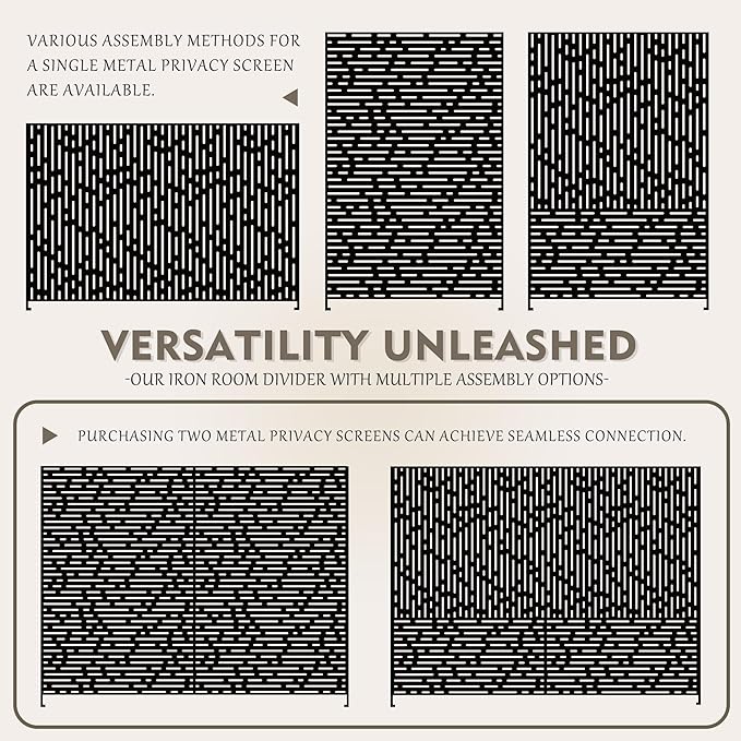 Kozyard Metal Privacy Screen 74" H x 47.2" W Decorative Outdoor Divider with Stand Panels Freestanding Screen Set for Deck Patio Balcony Garden Outdoor&Indoor (Black/Dotted Line)