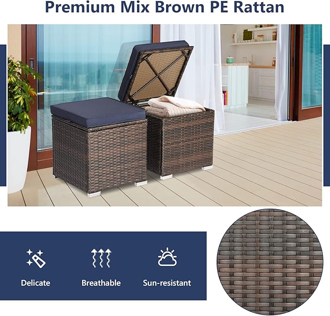 Tangkula 2 Pieces Patio Ottomans, Patiojoy Hand-Woven PE Rattan Side Table with Removable Cushion & Hidden Storage Space, Multifunctional Storage Box, Seat for Patio, Backyard, Poolside (Navy)