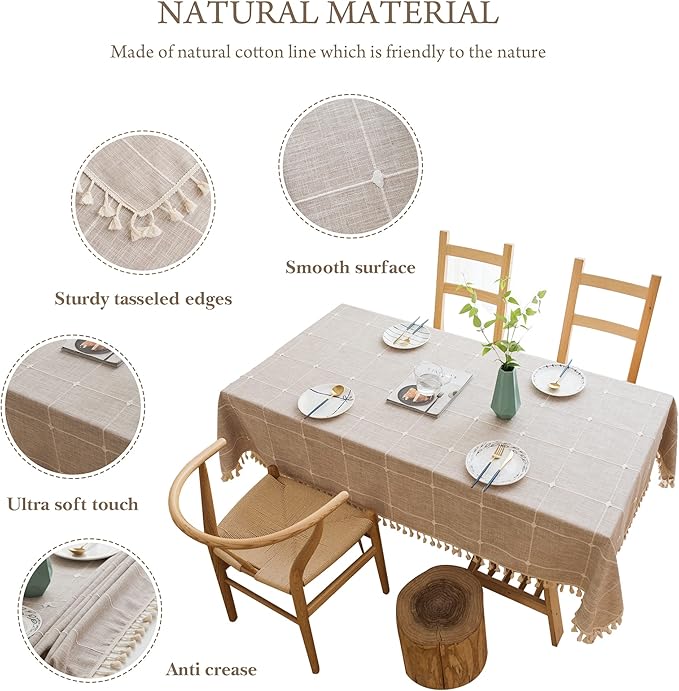 Pahajim Rustic Linen Tablecloth Cotton Rectangle Table Cloth for Kitchen Dining with Tassel Plaid Waterproof Tablecloths Rectangle/Oblong,55''x79'',4-6 Seats