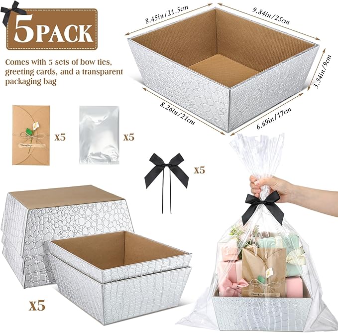 Wonderjune 20 Pcs Valentines Day Gift Baskets Empty To Fill Baskets For Gifts Empty With Gift Bag Bow Valentines Gifts Storage Basket Bulk for Wedding Party Wrapping(Silver)