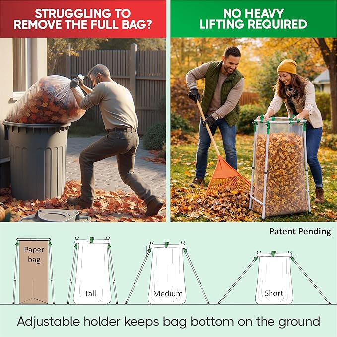 Adjustable & Foldable Leaf Bag Holder, for 33-55 Gallon Plastic & Paper Bags, No Tools Needed for Assembly, Works on Slopes, Trash Bag Stand, Yard & Lawn Cleanup, Gardening, Camping, Parties