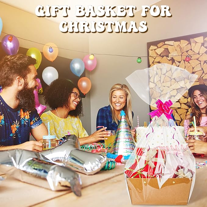 Tuanse 30 Pcs Basket for Gift Empty DIY Bulk Gift Basket Kit with Handle Kraft Cardboard Tray with 30 Bag 30 Bow Market Tray for Wedding Party(Brown,12.6 x 9.8 x 5.9 in)