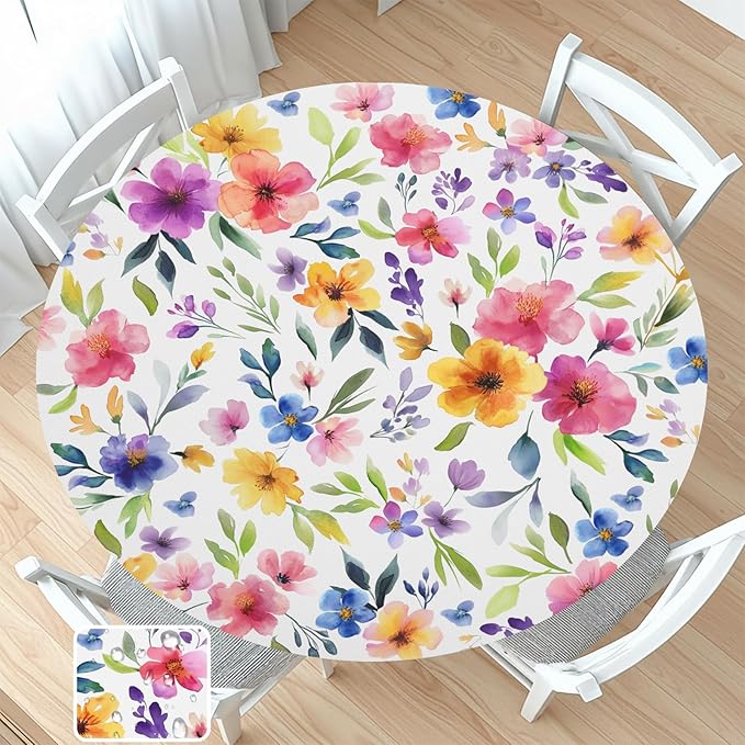 Spring Summer Floral Round Fitted Tablecloth with Elastic Watercolor Flower Outdoor Circle Table Cloth for 44-48" Tables Colorful Stretch Waterproof Washable Table Cover for Picnic Dining Party Decor