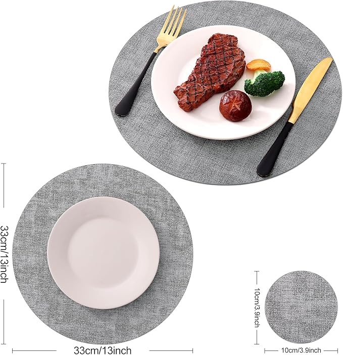 Homaxy Round Faux Leather Placemats and Coasters, Washable Dual-Side Table Mats, Wipeable Heat-Resistant Dining Place Mats for Outdoor and Indoor, Set of 6, Diameter 13 and 3.93 inch, Light Grey