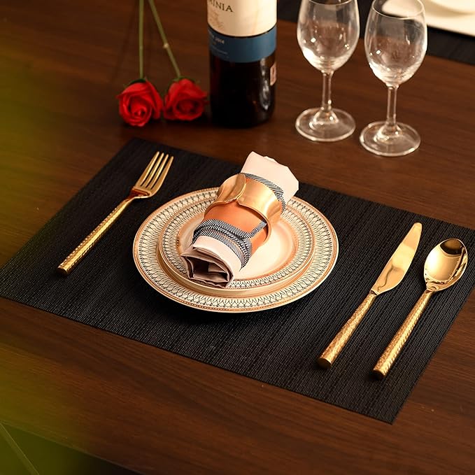 SLKQG Black Placemats Set of 8 - Easy Clean Washable Vinyl Placemats - Heat Resistant Placemats for Kitchen Table - PVC Table Mats for Dining Table (Pure Black, 8)