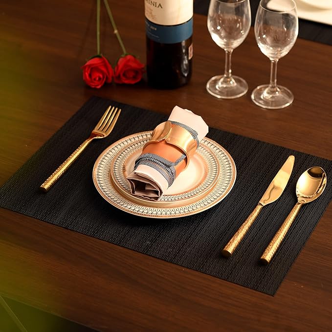 SLKQG Black Placemats Set of 4 - Easy Clean Washable Vinyl Placemats - Wipeable Heat Proof Table Mats for Dining Table - 17x12 Inch (Pure Black, 4)