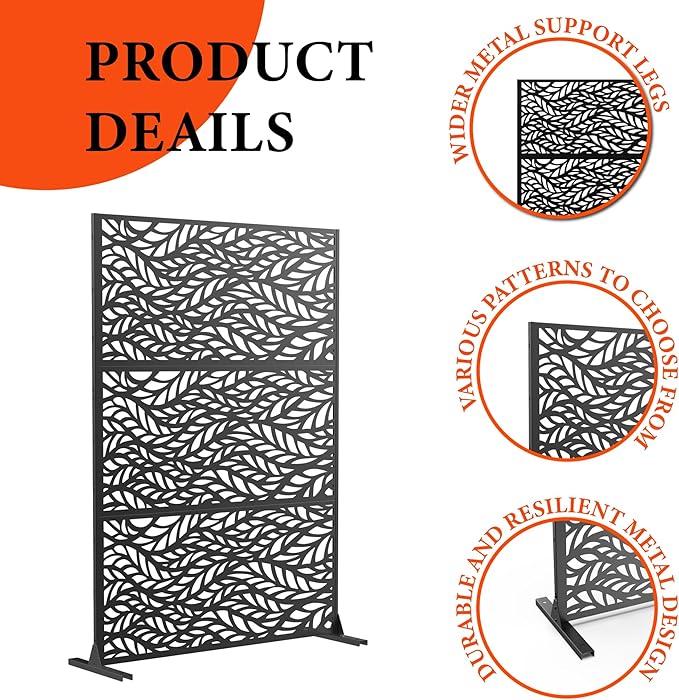 GarveeLife Metal Privacy Screen 72" h x 47" w, Outdoor Privacy Screens and Panels, Freestanding Decorative Fence for Patio Lawn Garden Deck Balcony, 3-Panel with Stand for Outdoor & Indoor Use