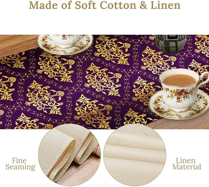 Vintage Table Runner, Retro Antique Gothic Purple Damask Floral Flower Pattern Classic Boho Coffee Table Center Decor for Kitchen and Dining Outdoor Home Country Party Table Decorations, 13"x90"