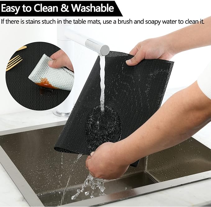 SLKQG Black Placemats Set of 4 - Easy Clean Washable Vinyl Placemats - Wipeable Heat Proof Table Mats for Dining Table - 17x12 Inch (Pure Black, 4)