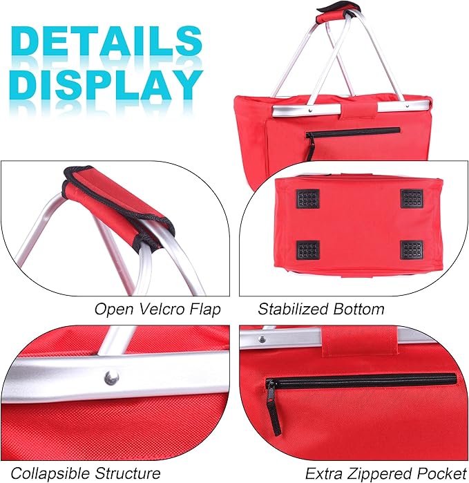 Picnic Basket, SIYUAN Collapsible Shopping Basket 24L Portable Grocery Basket with 2 Handles Reusable Folding Market Basket Large Christmas Basket, Cherry Red