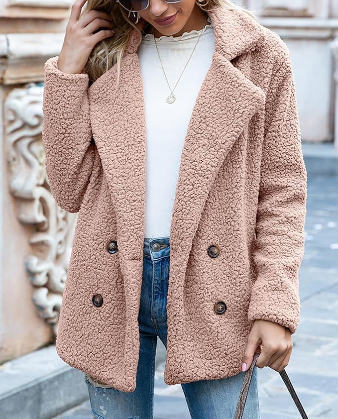 Women's Winter Warm Plush Cardigan Fuzzy Fleece Lapel Jacket with Buttons Pockets Long Sleeve Casual Outerwear