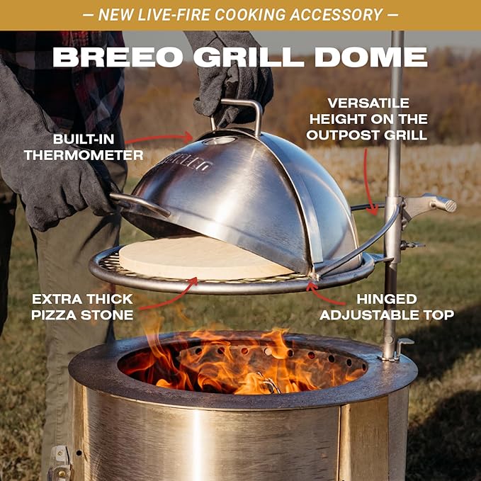 Breeo Grill Dome and Outpost Grill Bundle – Hinged Stainless Steel Dome w/Built-in Thermometer, Griddle Accessories Kit, Outdoor Set for Live-Fire Cooking – Fits X/24, X/30 Series