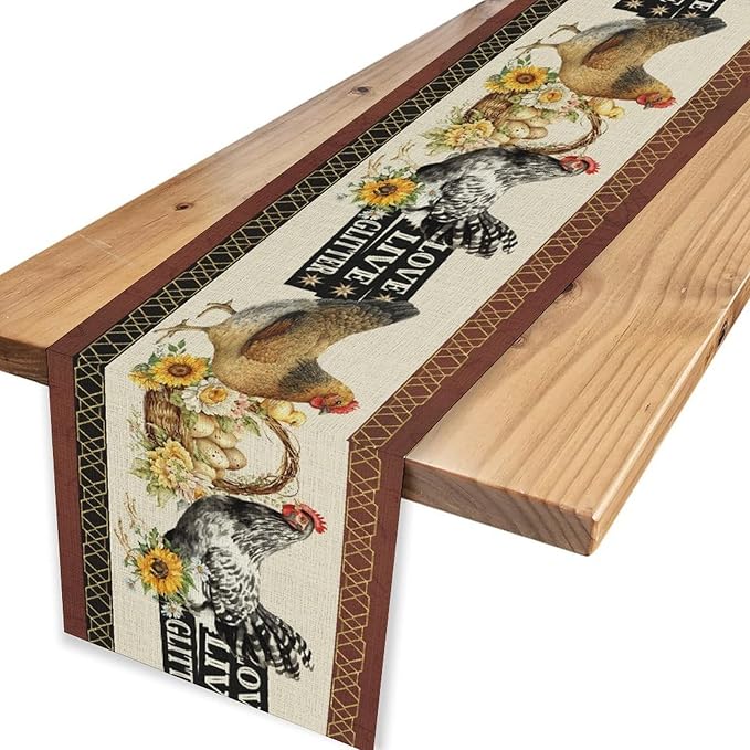 Farmhouse Rooster Table Runner, Rustic Vintage Chicken Egg Sunflower Floral Cow Hen Red Coffee Table Center Decor for Family Kitchen and Dining Room Outdoor Country Party Table Decorations, 13"x90"