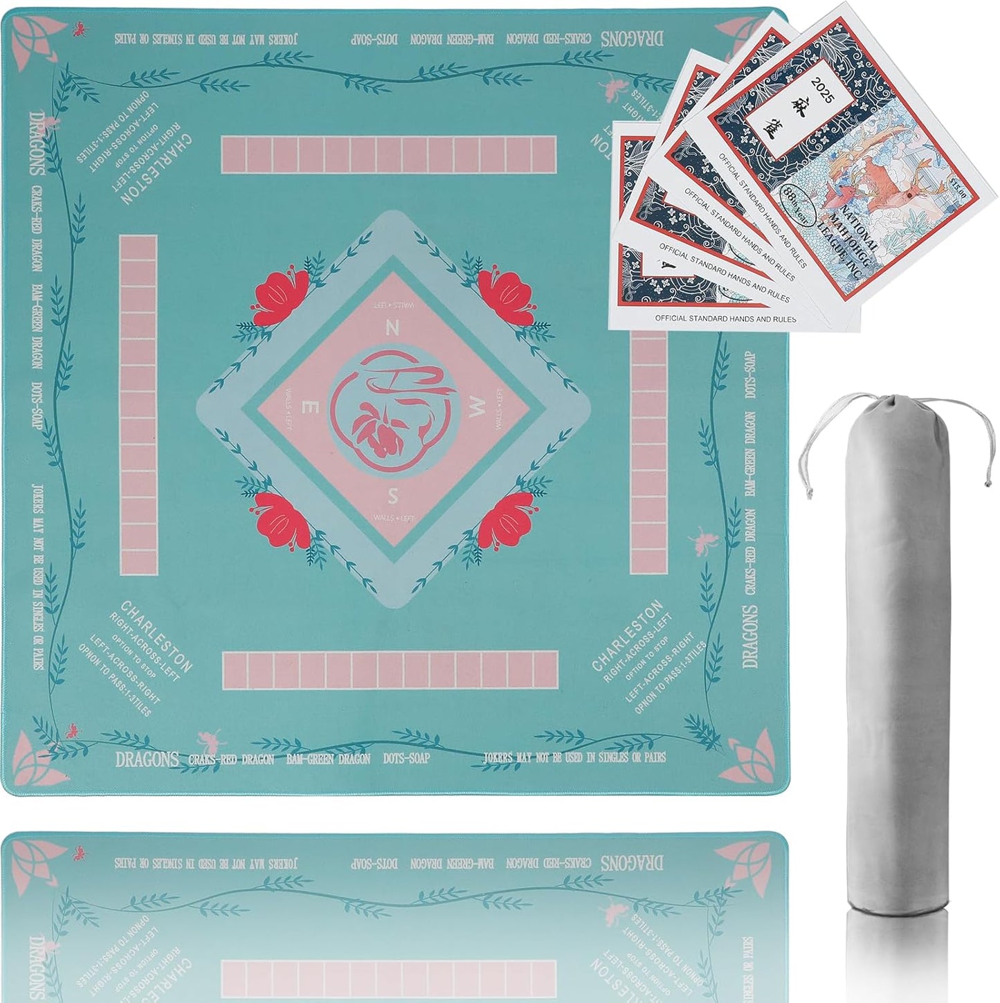 Mahjong Mat, Mahjong Mat for Table, Comes with 1 Velvet Mahjong Mat Storage Bag, with 2025 Mahjong Cards (4pcs), Fit for Mahjong/Poker/Board Games/Card Games/Dominoes (Green)