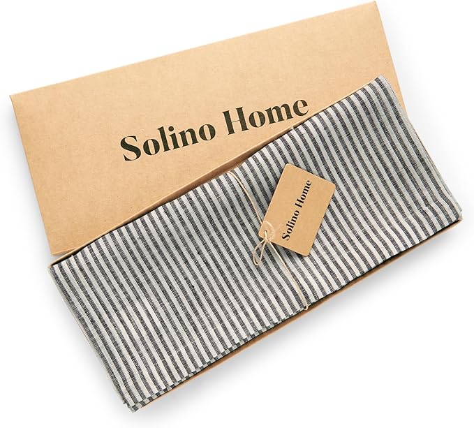 Solino Home Linen Table Runner 36 Inches - Narrow Stripe 100% Pure Linen Black and White Farmhouse Table Runner 14 x 36 Inch Ideal for Dresser and Coffee Tables - Winter, Spring, Easter