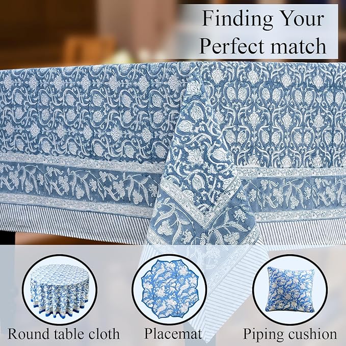 CPC Azure Regal Tablecloth 100% Cotton 70x108 Inch Indian Block Print Rectangle Table Cover, Table Cloth for Gifting in Weddings, Halloween, Fall, Christmas, Thanksgiving
