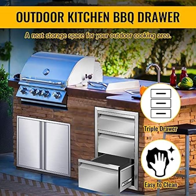 Outdoor Kitchen Stainless Steel Triple Access BBQ Drawers With Handle For BBQ Island Patio Grill Station,Three Drawers