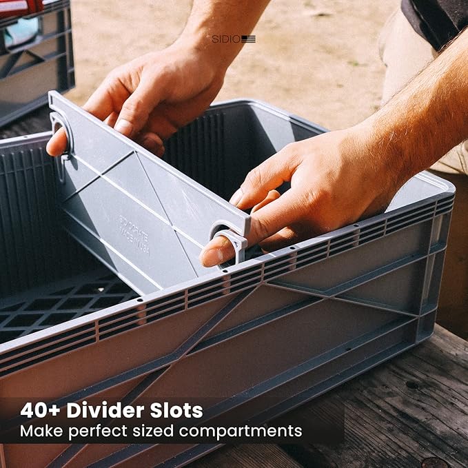 SIDIO CRATE Starter Pack - Two Full Size and One Half Size Heavy Duty Stackable Storage Bins, Totes with Lids and Dividers - Durable Organizer for Home, Office, Garage, and Outdoor Use - Sol