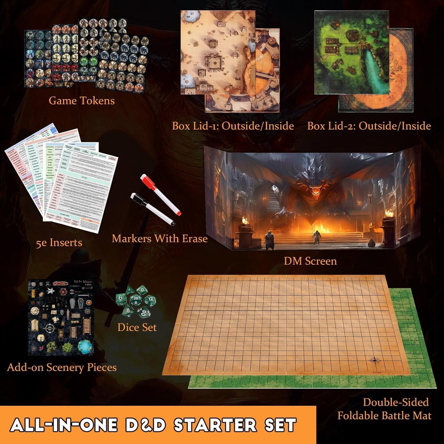 CZYY Foldable Battle Mat with DM Screen, Game Tokens, Dice Set, Markers - 2-Sided Wet & Dry Erase Terrain, Ultimate DND Starter Set, Accessories, Gift for Dungeon Master & Player
