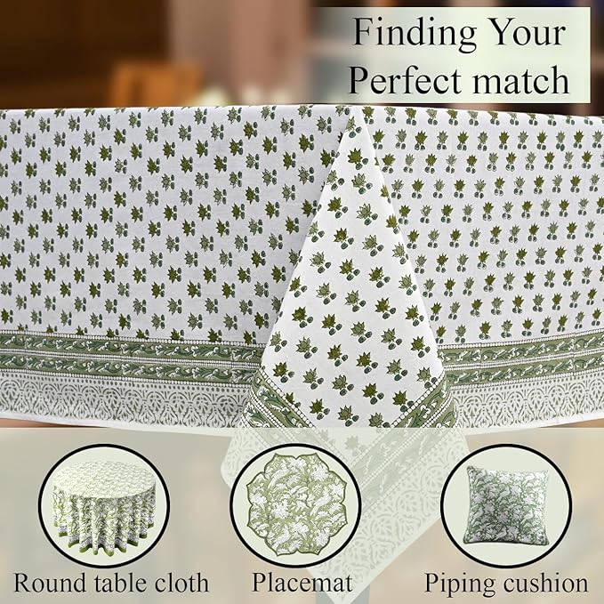 CPC Lotus Meadow Tablecloth 100% Cotton 80x120 Inch Indian Block Print Rectangle Table Cover, Table Cloth for Gifting in Weddings, Halloween, Fall, Christmas, Thanksgiving