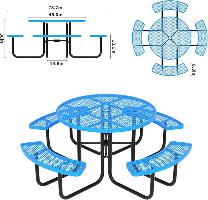 46'' Round Metal Picnic Table for Outdoors, Commercial Steel Metal Picnic Tables, Heavy Duty Sturdy Picnic Tables Furniture Set for Patio Garden Courtyard BBQ, with Umbrella Hole, Blue