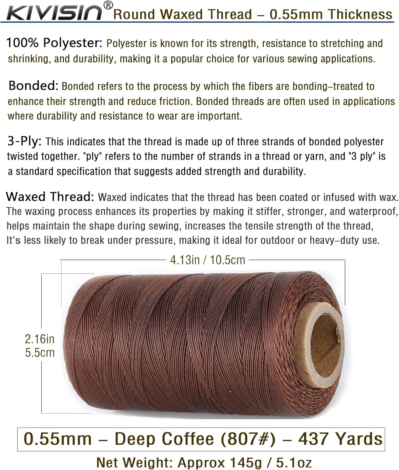 Sturdy Bonded Waxed Polyester Thread, 0.55mm, 437 Yards Wax String Cord - Deep Coffee for Leather, Hand Sewing, Stitching, Bookbinding, Beading, Bracelets and Macrame Jewelry Making