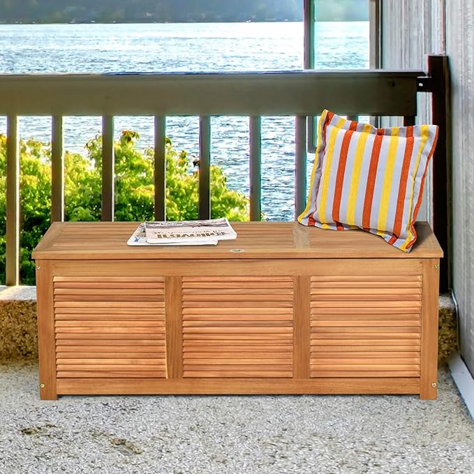 HAPPYGRILL 46 Gallon Acacia Wood Deck Box, Outdoor Storage Box Garden Tools Box Container for Patio Garden Garage