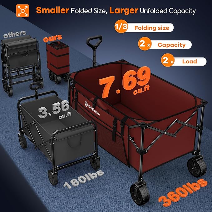 220L Collapsible Wagon Cart Foldable, 38" L Extra Large Heavy Duty Folding Beach Wagons with All-Terrain Wheels, Utility Carts for Camping, Sports, Shopping, Groceries - Red