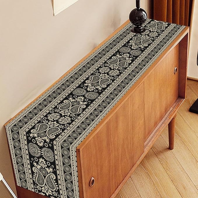 Black Paisley Table Runner, Rustic Damask Antique Floral Flower Retro Boho Swirled Pattern Coffee Vintage Table Center Decor for Family Kitchen and Living Room Outdoor Table Decorations, 13" X 108"
