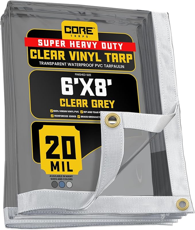Core Tarps 20 Mil Extreme Heavy Duty Clear Tarp with Gromments - 6x8ft Super Clear Tarps Heavy Duty Waterproof Vinyl Tarpaulin, Transparent Tarp for Outdoor, Camping & Construction, Clear Grey