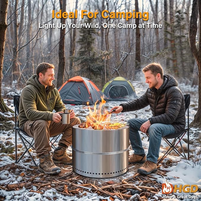 HGD 20 Inch Smokeless Firepit with Grill, Portable Wood Burning Fire Pit for Camping & Backyard, Stainless Steel Outdoor Fireplace with Travel Bag, Easy Setup & Compact Storage - Foldable Design