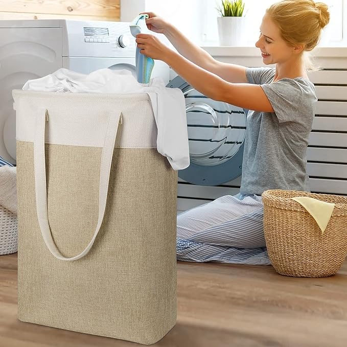 Laundry Hampers 15.2Lx7.5Wx23H Small&Tall Slim Fabric Laundry Baskets Thin Narrow Beige+Khaki Compact Hamper Capacity 43L for Space-Saving,QY-SC24-2