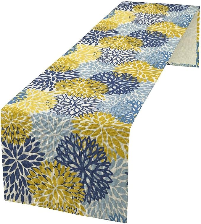 Dahlia Flower Table Runner,Blue Yellow Floral Print Table Runner for Kitchen Dining Table Dinner Holiday Home Party Indoor Outdoor Decor 13x36in